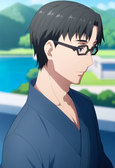 score_9,  <lora:kikuoka_seijirou:1> kikuoka seijirou, 1boy, anime coloring, black hair, blurry background, close-up, collarbone, day, from behind, glasses, japanese clothes, kikuoka seijirou, long sleeves, male focus, short hair, solo, suit