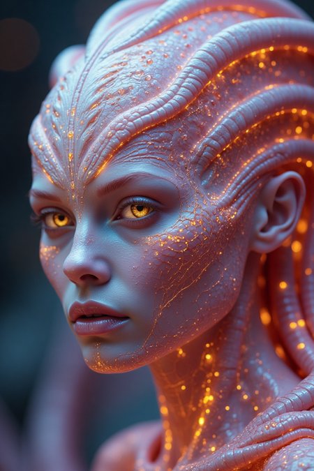 Front view, Ultra HD, 8K, intricate, cinematic, ((Special Species of Alien))), skin like light pink organism group, stunning beauty, ice cracked, frosted color, sharp focus , yellow coloured eyes, dramatic light