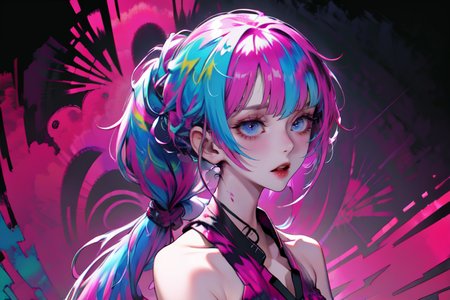 highly insanely detailed, masterpiece, top quality, best quality, highres, 4k, 8k, RAW photo, (very aesthetic, beautiful and aesthetic),  
(rsef style,fevercell style),abstract_background,futuristic_landscape,energy_auras, 
<lora:rsef-000225:1>, 
(1girl:1.3), 
1other, 
, 
, 
short hair with long locks,top knot hair,crew cut hair,mohawk hair,low ponytail hair, 
(nonipples,Nipless), 
a colorful background,(EPtiedyeworld,tie-dye color background:1.3), 
,âââ