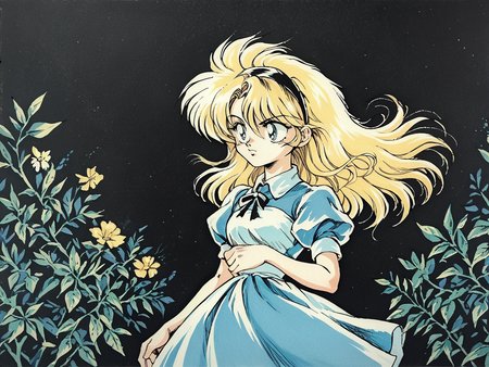 zPDXL3, source_anime, alice in wonderland, blue dress, long hair, blonde hair, hairband, cowboy shot, retro artstyle, traditional media, <lora:Ippongi_Ban_Artist_Style_PonyXL:1> <lora:ncpy13 style_a:1> ncpy13 style, pastels drawing