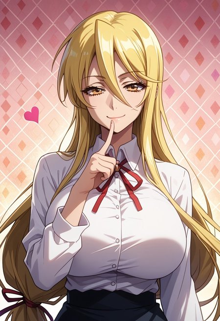 score_9, score_8_up, score_7_up, 1girl, solo, looking at viewer, anime coloring, upper body, close-up, portrait, 
<lora:Shizuka_Marikawa_Dwnsty:0.8>, shizuka_marikawa, blonde hair, yellow eyes, long hair, low-tied long hair, hair between eyes, sidelocks, white shirt, collared shirt, red ribbon, neck ribbon, black skirt, long skirt, pencil skirt, 
lips, huge breasts, light smile, mature female, finger to mouth, smirk, naughty face, 
sunlight, abstract background, argyle background, rainbow, heart, 
 <lora:Hotd_Artstyle_Dwnsty:0.7>