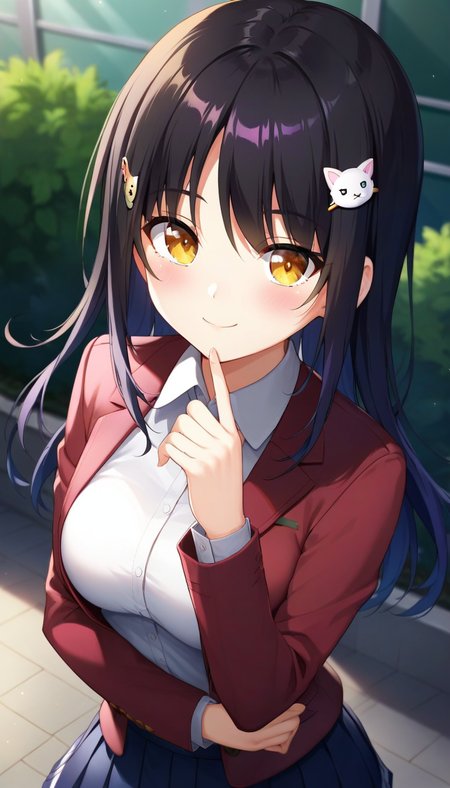 score_9,score_8_up,score_7_up,score_6_up BREAK official art,solo,outdoors,upper body,(portrait:1.5),looking at viewer,facing viewer,smile,blush,Wataya Mio,long hair,black hair,cat hair ornament,hairclip,bangs,yellow eyes,school uniform,red jacket,Blazer,white shirt,collared shirt,long sleeves,sleeves past wrists,medium breasts,blue skirt,pleated skirt,white socks,loafers,<lora:Wataya Mio(od)-Pony:1.2>,