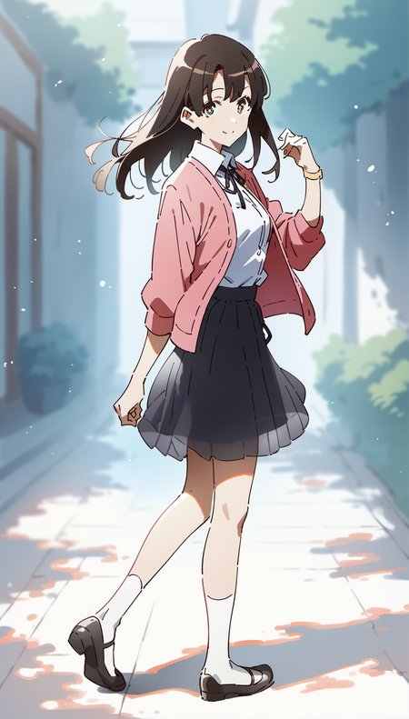 score_9,score_8_up,score_7_up,
<lora:megumikato:0.9>,
megumikato,
1girl,solo,black hair,bangs,long hair,brown eyes,looking at viewer,smile,pink cardigan,white shirt,dark blue ribbon tie,yellow wristband,(sheer overskirt:1.1),black underskirt,white socks,black round toe shoes,
full body,standing,back view, 
vignetting,bloom,lens flare,light particles,