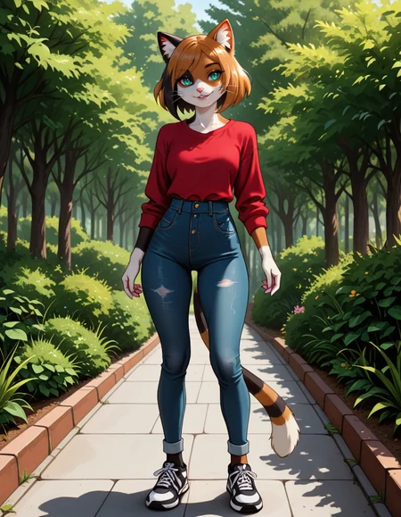 masterpiece, best quality, very aesthetic, absurdres,
outdoors, casual, 
full body, standing, posing, 
seductive smile, parted lips, long eyelashes,
 <lora:Kawa_v01_NAIXL:1>
K4w4,1girl,solo,furry,furry female,cat girl,short hair,multicolored hair,cat ears,aqua eyes,slit pupils,snout,animal nose,whiskers,body fur,two-tone fur,cat tail,striped tail,