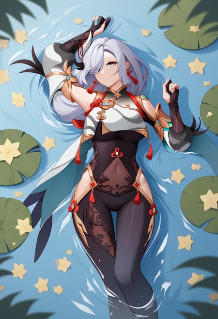 score_9,score_8_up,score_7_up,<lora:shenhe:1>,1girl, absurdres, black_bodysuit, blue_eyes, breast_curtain, bridal_gauntlets, chinese_clothes, closed_mouth, hair_over_one_eye, hair_spread_out, highres, hip_vent, long_hair, looking_at_viewer, lying_on_water, on_back, ripples, rope, shenhe_\(genshin_impact\), solo, white_hair