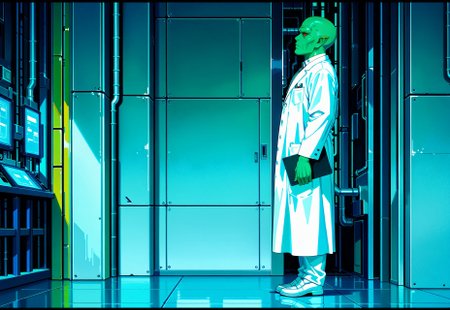 masterpiece, best quality, amazing quality, very aesthetic, absurdres, newest, drvenoilxl holding a pad clip board, 1boy, red eyes, male focus, pointy ears, green skin, ((side view)), ((looking up)), ((white buttoned coat)), ((long lab coat)) bald,  (((old man))),  wrinkles, alien, full body, looking at viewer, standing pose, ((plain background)), solo, scowl, white loafers, ((white collar)), ((buttoned collar)), white pants, scifi factory background, factory background, science fiction background, 