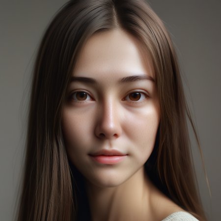 1girl, Beautiful woman, high detail, portrait, elegant, delicate features, emotional expression, masterpiece, 8k resolution, Extremely high-resolution details, realism pushed to extreme, fine texture, incredibly lifelike, looking at viewer, solo focus, realistic, photorealistic, soft lighting, ultra realistic photograph, simple background, Exquisite details and textures, grainy, film analog photography, film, face details, real face, without make up, brown hair, long straight hair,