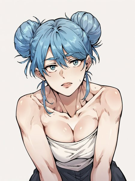 score_9, score_8_up, score_7_up, score_6_up, score_5_up, wthi, 1girl, blue hair, double bun,  <lora:wthiXLP2:0.8>