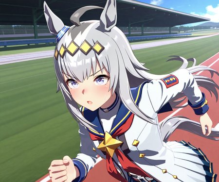 masterpiece, best quality, amazing quality, , 1girl, solo,  racetrack, running,  <lora:Oguri Cap in game style 3D ILL-v2:1> ummsmingame, 3d, oguri cap \(umamusume\),