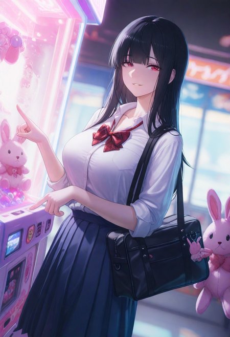 masterpiece,best quality,amazing quality,newest,absurdres,highres, newest,
,side view,from below,dutch angle,
1girl, beautiful face, perfect eyes, detailed eyes,(slim body:1.2),mature female,
black hair,blunt bang,long hair, straight hair,
red eyes ,looking at viewer, 
parted lips, light smile,
large breasts,
seifuku,unworn red plaid bowtie,blue pleated skirt,collarbone, collared shirt,,(button gap:0.6) ,
hugging pink rabbit plushie,school bag,pointing,trinket, 
arcade,claw machine,
detailed background, volumetric lighting, depth of field, shadow,
