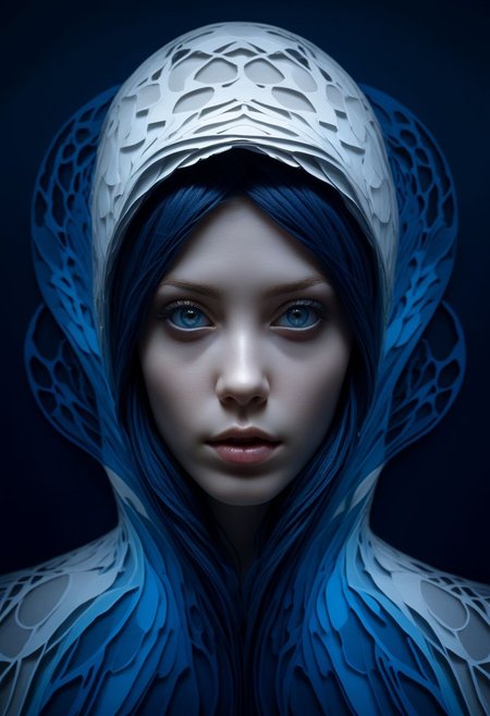 layered papercut, mysterious face, a exotic girl in artsy clothing, fading backlit background, (deep sea fading white to deep blue), alluring goddess, by Minjae Lee, Carne Griffiths, Emily Kell, Steve McCurry, Geoffroy Thoorens, Aaron Horkey, Jordan Grimmer, Greg Rutkowski, amazing depth, double exposure, surreal, geometric patterns, intricately detailed, bokeh,  perfect balanced, deep fine borders, artistic photorealism , smooth,  great masterwork by Suiras  <lora:add-detail-xl:2>  <lora:Double_Exposure:0.5>