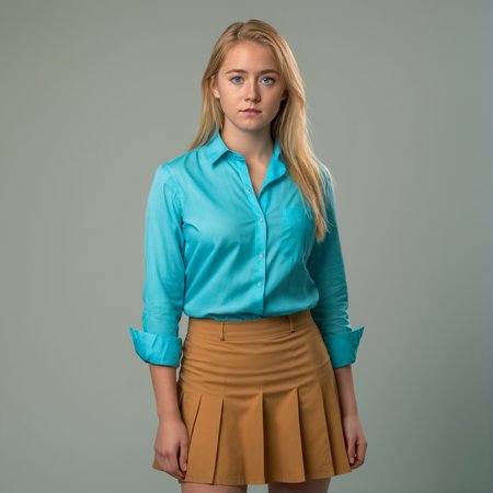 RAW photograph, Danish woman, 25 years old, golden blonde hair, aqua eyes, full body shot, wearing a dress shirt and skirt, standing straight,  neutral pose, arms to the side,  shot from the side,  neutral uniform photostudio background,, highly detailed, professional, soft volumetric lighting,  photographed on a Canon EOS R5, 50mm lens, F/2.8, HDR, 8k resolution, highres, high detail,