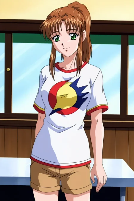 score_9, best, masterpiece, uncensored,
indoors,
1girl, solo, smile, retro artstyle, 1990s (style),
LTHRMNYumiko, white print t-shirt with red trim, brown shorts,
<lora:LeathermanYumiko:0.8>​​​