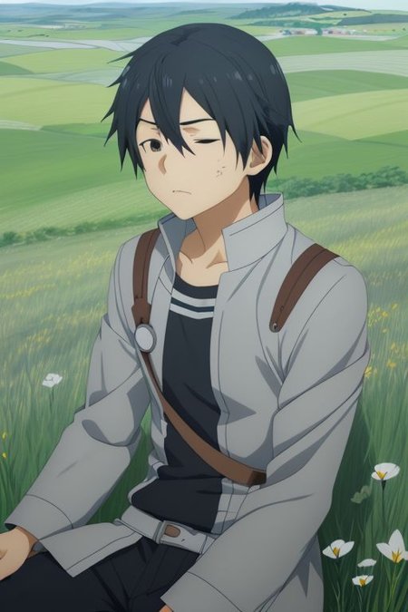 high resolution, solo, best quality, 1Boy, Kazuto Kirigaya, portraits, Black Hair, Black Eyes, sleep, meadow hills, wind breeze, OverallDetail