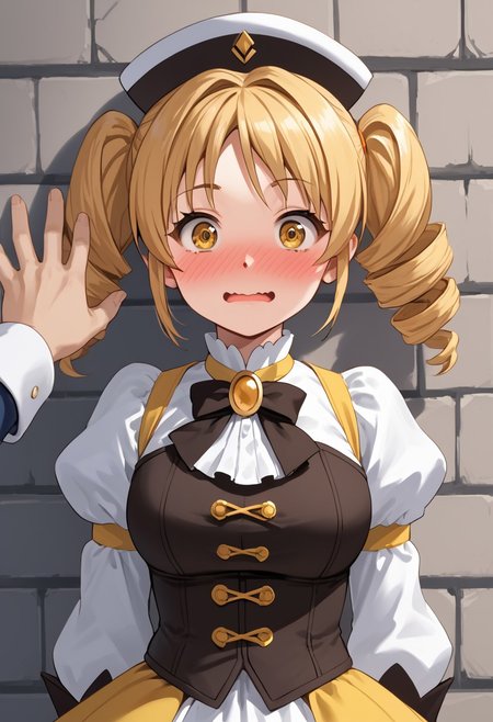 score_4,score_5,score_6,score_7_up,score_8_up,score_9 ((masterpiece,best quality,ultra detailed,highres,HD,4k:1.2)), 
Araki,sketch,
1girl,solo,face focus,
 mami tomoe, blonde hair, drill hair, twin drills, yellow eyes,large breasts, 
brown gloves, corset, detached sleeves, fingerless gloves, gloves, hat, juliet sleeves, long sleeves, magical girl, puffy sleeves,
outdoor, pov, pov hands, kabedon, Wall-don, wall-don with both hands,<lora:Kabedon pov PonyXL:1>, full face blush,surprise,wavy mouth,@ @ ,^^,embarrassed,wide eyes,looking at viewer,