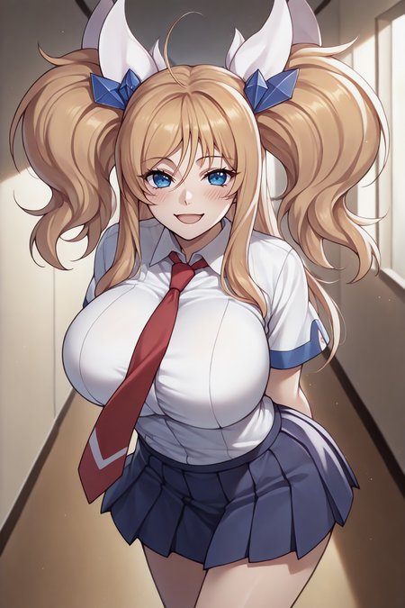 masterpiece, best quality, 1girl, solo, <lora:onizakikirara-illu-nvwls-v1-000007:1> dfKirara, twintails, blonde hair, hair ornament, white shirt, short sleeves, red necktie, dark blue skirt, pleated skirt, happy, looking at viewer, hallway, blush, large breasts, arms behind back