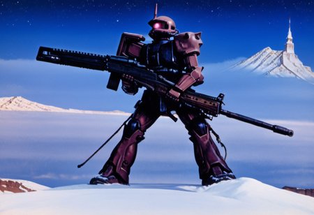score_9, score_8_up, score_7_up, cowboy shot, side view, BREAK, ( white zaku, grey zaku, pink monoeye, one eye, looking to the side, holding rifle in both hands, ) 1mech, mech focus, walking, BREAK, snow, ice, ice mountains, dark blue violet sky, night time, starry sky, Realistic, Relaxed, Moonlit, beautiful detailed supreme quality color intricate, dynamic dramatic beautiful full taking, contemporary fine detail, highly detail, dynamic background, positive emotional, background curving upwards, snow getting kicked up,