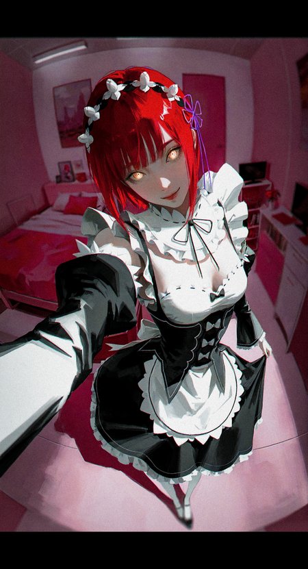 1girl, solo, makima \(chainsaw man\),  sangsoo jeong,  96yottea, (narue:1.3), meron nouka, 
rem \(re:zero\) \(cosplay\),
<lora:nhl-001-urang-20:0.4>   nhl-001, <lora:nhl-002-urang-20:0.4>   nhl-002, <lora:nhl-004-urang-20:0.4> nhl-004, realistic, limited palette, spot color, 
ringed eyes, yellow eyes, selfie,  small breasts,  narrow waist, head tilt, blurry background, black foreground, from above, smile, maid, red hair, short hair, (fisheye:1.1), distortion optic, 
indoors, scenery, room, bedroom, wall, ceiling, floor,  perspective,  pink room, 
,masterpiece, highres, greatscore, absurdres,