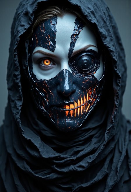 The close-up reveals the terrifying face of a cyborg ninja, an intricate fusion of organic beauty and cold, mechanical perfection. Her face is framed by a sleek, polished helmet that partially covers her features, leaving only the lower half exposed. The exposed skin on her face is pale, almost ghostly, a stark contrast to the sophisticated mechanical enhancements that have replaced much of her body. Her left cheek and jawline are adorned with sharp, angular plates, seamlessly molded to her skin, their surface gleaming with a dark metallic sheen. Intricate circuit patterns snake down her neck, glowing faintly with pulses of electric energy that flicker like veins of lightning beneath the surface. The right side of her face is a chilling display of cybernetic mastery, where human flesh gives way to gleaming, polished steel and chrome. Her eye is encased in a dark, reflective visor, surrounded by a framework of sleek, geometric metal. The visor occasionally flickers with a deep amber glow, a direct connection to her augmented senses. The edges of the metal frame are adorned with fine micro-gears and minute, complex mechanisms that hum with energy, a silent reminder of the technological power running through her body. nelisty, dystujo, nelisty, enistyle