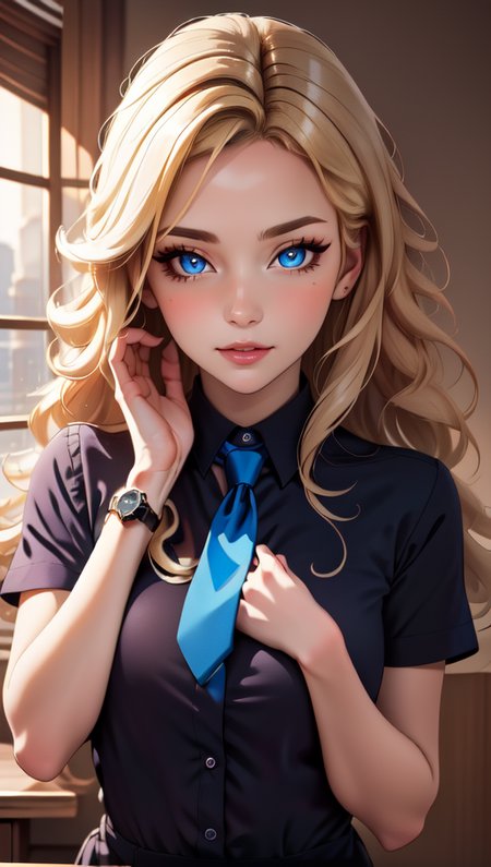 masterpiece, best quality,  1girl,  <lora:big_hair-1.0:1> big hair , blonde hair, blue eyes, long eyelashes,  indoors, necktie, wristwatch,  hands on own face,