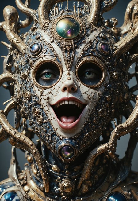 A close-up portrait of a laughing woman with planet-head in M.C. Escher's surreal space laboratory. Her intense deadly laughing gaze locks onto the viewer, eyes glowing faintly with toxic-green energy. The background dissolves into intricate geometrical illusions and woodcut-style patterns, reminiscent of 1970s psychedelic album art, an ornate metallic crown, its surface etched with shifting, holographic emblems from a forgotten dynasty. The lighting is soft yet dramatic, pastel tones blending into monochrome with subtle, iridescent accents. Her face is framed by flickering shadows that warp and twist like an optical illusion, giving a surreal and otherworldly vibe.