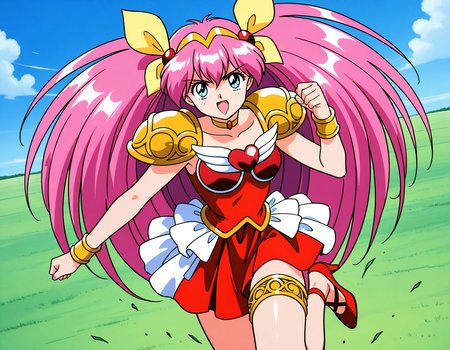 general,highres, ultra-detailed,very aesthetic,best quality ,best hands,  BREAK <lora:Hanasaki_Momoko_IS:1>Hanasaki_Momoko, 1girl,solo, long hair, pink hair, blue eyes, yellow bow, breasts, a, hair bow, twintails, very long hair, hair ribbon, 1990s (style),anime coloring, looking at viewer, cowboy_Shot, serious, fighting pause, kick, rider kick, aura, spark,
heart brooch, magical girl, brooch, jewelry,  open mouth, shoulder armor, thighlet, dress, armor, smile, choker, pauldrons, solo, looking at viewer, heart, skirt, high heels, bow, hairband, shoes, red footwear, bracelet, red dress, ribbon.
sky, grass,