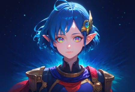 score_9, score_8_up, score_7_up, score_6_up,
star ocean, 1girl, rena lanford, ahoge, armor, [blue:opal:0.5] eyes, blue hair, cape, hair ornament, pleated skirt, pointy ears, short hair, beautiful detailed eyes,
from above, upper body, (close-up:1.2), space, star \(sky\), spiral galaxy, portrait, official wallpaper, backlighting,
 <lora:yukihiro_kajimoto_so2r_pony:0.8>
<lora:IOS_Iridescent_opal_style:0.8>