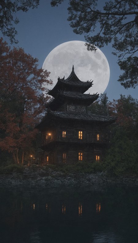 professional 3d model <lora:3vg3nylushp1n:1>,3vg3nylushp1n,architecture,scenery,evgeny,lushpin,building,outdoors,, architecture, bare tree, building, bush, castle, cloud, cloudy sky, east asian architecture, fog, forest, house, mountain, nature, no humans, outdoors, pagoda, scenery, sky, sunset, tower, tree, a cabin in the woods with a lake and trees in the background at night time with a full moon, Evgeny Lushpin, atmospheric, a photo, neo-romanticism . octane render, highly detailed, volumetric, dramatic lighting