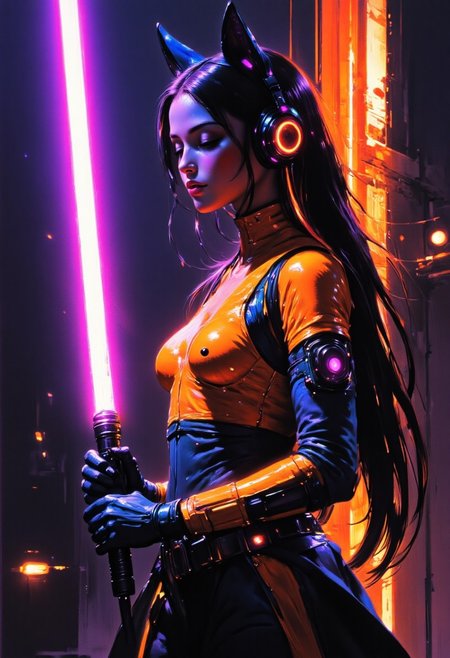 painted world, Comic art style, full body artwork of a Female augmented human with loose black and orange hair, punk clothes, holding a purple lightsaber, glowing-neon-trim, cyberpunk, portrait, glowing slit-pupil eyes, razr kitty style mechanical cat-ear headphones, cybernetic limbs, cyberpunk neon city background, rain, detail, Frank Frazetta fantasy oil painting