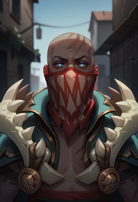 (((beautiful, hyper realistic, high quality))), score_9, score_8_up, score_7_up, solo, ((upper body)),
1boy, Pyke, dark skin, tatto, blue eyes, bald, scars, red mask with printed teeth, fingerless gloves, cape, bone shoulder pads, belt, pants, boots,
 dark alley,
Dark background, blurred background,