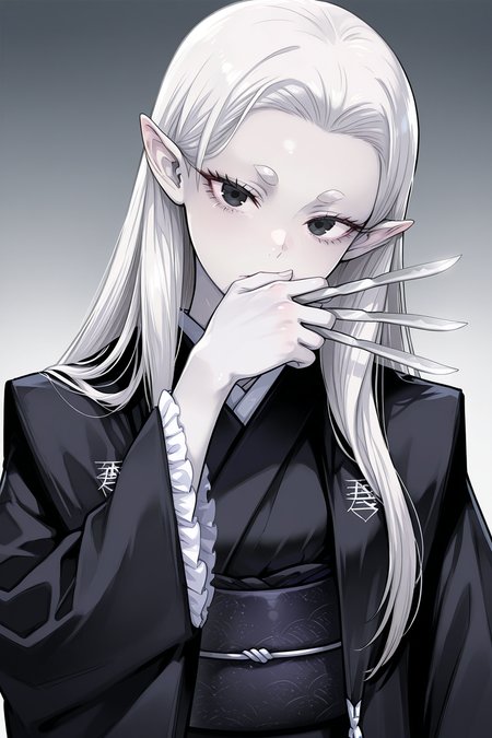 1girl,
CureNinjaSlayer, 
general, solo, upper body, 
long hair, white hair, short eyebrows, black eyes, eyelashes,
pale skin,
black kimono, frills, obi,
looking at viewer, serious, head tilt, hand up, knives between fingers, scalpel, covering mouth,
grey theme, japan, luxuriou room,
<lora:kp_CureNinjaSlayerIllustrious_v1_0:1.0>,
masterpiece, best quality, amazing quality