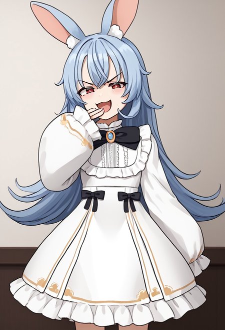 1girl, solo, Nanobites, animal ears, long hair, blue hair, rabbit ears, animal ear fluff, red eyes, bangs, very long hair, 
bow, dress, white dress, black bow, long sleeves, sleeves past wrists,  frills, sleeves past fingers, puffy sleeves,
<lora:ojou-sama-pose-ponyxl-lora-nochekaiser:1>, ojou-sama pose, laughing, smug, hand to own mouth, open mouth, cowboy shot