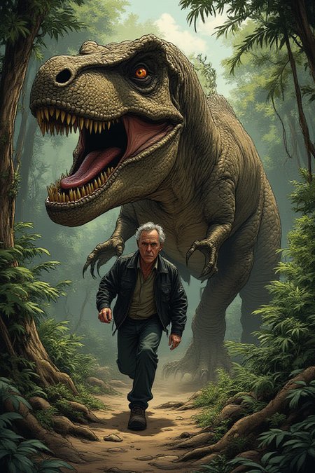 illustration, cartoon, anime, manga, drawing, Dr Ian Malcolm, wearing his famous black leather jacket, runs through the jungle as a massive Tyrannosaurus rex bursts through the trees behind him, its roar shaking the earth.