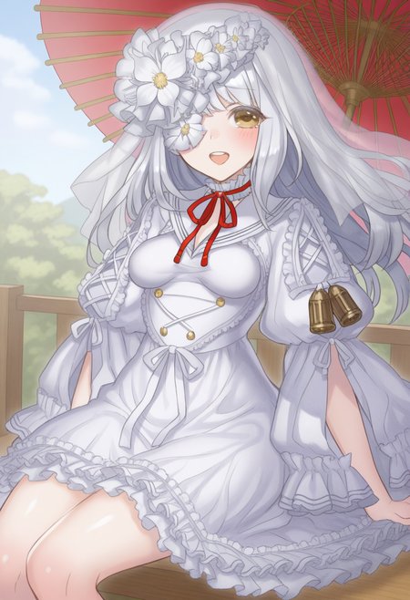 ((safe)), 1girl,  (yoshitsugu_muramasa, hair_over_one_eye, white flower, white dress, ribbon, veil),  blush, smile, open mouth, sitting, oil-paper umbrella, outdoors, shiny skin, best quality, amazing quality, very aesthetic, absurdres, <lora:yoshitsugu_muramasa_ill:1>