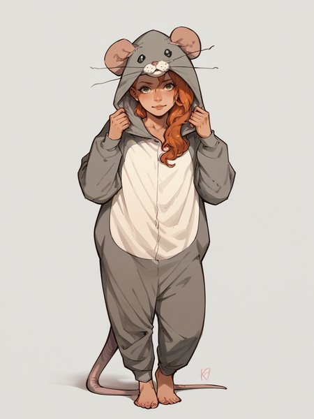 score_9, score_8_up, score_7_up, score_6_up, score_5_up,  <lora:ratonsieXLP3:1> rat onsie, barefoot, animal costume, tail, 1girl, ginger hair,