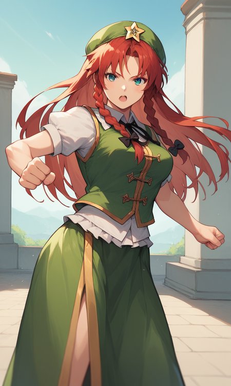 score_9, score_8_up, score_8, score_9, 1 girl,  source_anime,  <lora:hong_meiling_pony-10:1>, hong meiling, beret, green vest, short sleeves, long skirt, green skirt, red hair, star hat ornament, twin braids, cowboy shot, outdoors, fighting stance, dynamic pose