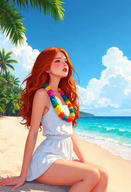 Digital illustration of a young woman with wavy auburn hair, sitting on a beach under a bright blue sky filled with fluffy white clouds. She wears a colorful Hawaiian garland around her neck and a white sundress, enjoying the warm sun and the gentle breeze. The background features a vibrant blue ocean with soft waves lapping at the shore, and palm trees swaying in the distance. The style is clean and modern, with flat colors and smooth lines, capturing the lively and joyful atmosphere of a tropical beach day