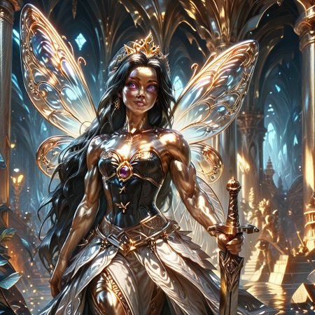 Action scene, detailed, photo realistic, hyper realistic, score_9, rating_safe, solo ((arch fey, violet eyes, (beautiful woman, white underbust corset, skirt, pants, sword belt, and holding a sword), (huge muscles, small petite breasts, muscular thighs, muscular biceps, muscular shoulders, toned abs), ((bronze metallic gold skin ral-polishedsteel)), (fairy wings), (long black hair))), (standing next to a multicolored crystal throne, in a detailed throne room filled with treasures, detailed lighting), hi res, hi quality, 4k, concept art, digital art, realistic, detailed background, lens flare, pixel art, piratical beauty, great lighting