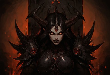 score_9, score_8_up, score_7_up, score_6_up, masterpiece, 1girl, solo, Femme demon, Femme, demon, dual tone dark purple and black hair, four horn, horn, long hair, pale skin, happy, 20yo girl, perky tits, full plate metal armor, metal armor, seductive eyes, upper body, seductive smile, black lips, no hat, pose, sit on throne, dynamic angle, motion lines, motion blur,