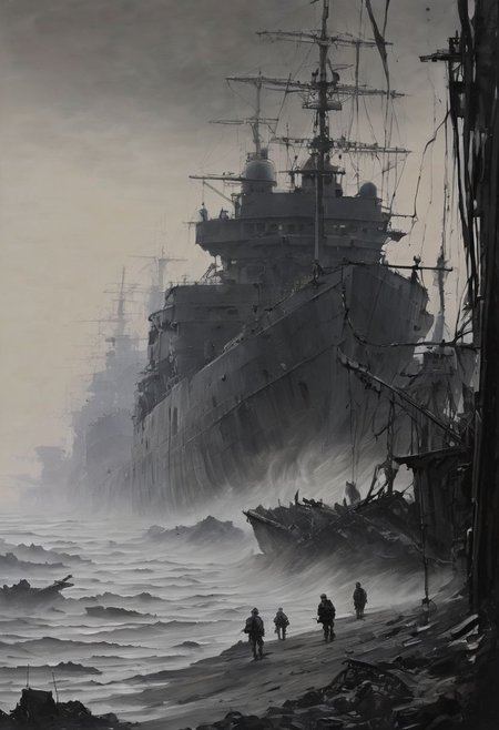 Long, weary lines of soldiers trudging back from the front, shadows of the men they once were, Dusk, ,  Shipwreck, Disquieting,Phantom-like, (Monochromatic:1.1), (Isolation:1.1),  (Chiaroscuro:1.1), (Strobe light:1.2), Marble, Polygon, ((Romantic,soft,passionate,tender:0.99),(Rule of Thirds,balanced,offset focus,Rough,gritty,coarse,rugged,Hard Light,sharp,strong contrast,defined:0.75),(Cinma Vrit,naturalistic,observational,unobtrusive:0.99):0.5), ultra detailed, intricate, oil on canvas, dry brush, (surrealism:1.1), (disturbing:1.1) <lora:d4lixl:0.5>