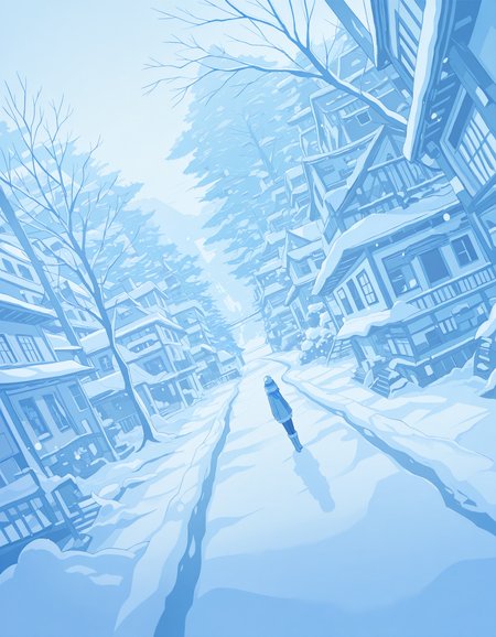 masterpiece,  best quality, newest, highres, absurdres, <lora:hebitsukai_style:1>,hebitsukai_illu,  solo, 1girl, flat color, snow, tree, boots, outdoors, building, scenery, dutch angle, hat, blue theme, fur trim, scarf, short hair