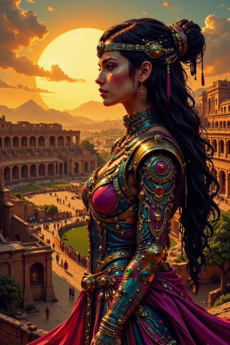 colosseum, golden hour, woman, very intricate, very detailed, sharp, bright, colorful, <lora:Hand v2:0.5> <lora:Anti-Blur:1><lora:Insane Detail Slider:0.25>  <lora:flux.1_lora_flyway_Epic-detail_v2:0.3> <lora:fluxenhancer:0.25><lora:ck-Neon-Retrowave:0.4> ck-rw, in the style of ck-rw,  <lora:Neurocore Anime Cyberpunk:0.8> A digital artwork in the style of cknc
