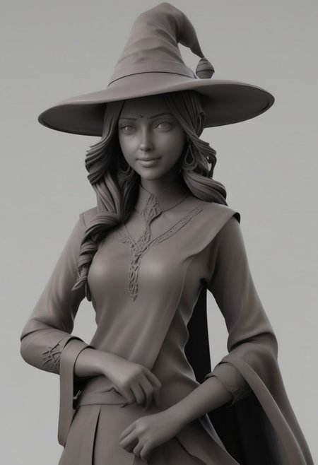 whitemold,3d printed mold,art style,greyscale,monochrome, score_9, score_8_up, score_7_up, score_6_up, PRSNL, 1girl, solo, brown hair, brown eyes, parted bangs, long hair, large breasts, witch hat, black sweater, red apron, black pants, looking at you, smile, indoors, hat over one eye. close-up portrait, chain, belt, rkinsti1, 1girl, indian, woman, female, lady, fully dressed.