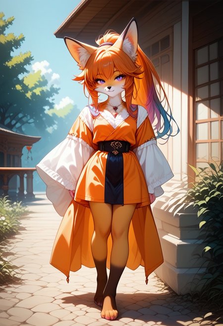 score_9,score_8_up,score_7_up,score_6_up,
outdoors,
full body,seductive smile,parted lips,long eyelashes,
standing,pose,barefoot, 
<lora:Vivian_v02_PDXL:1>,Vivian,1girl,solo,furry female,fox girl,fox ears,animal ear fluff,long hair,ponytail,bangs,gradient hair,orange hair,multicolored hair,blue hair,purple eyes,snout,animal nose,body fur,orange fur,fox tail
<lora:add-detail-xl:1>,