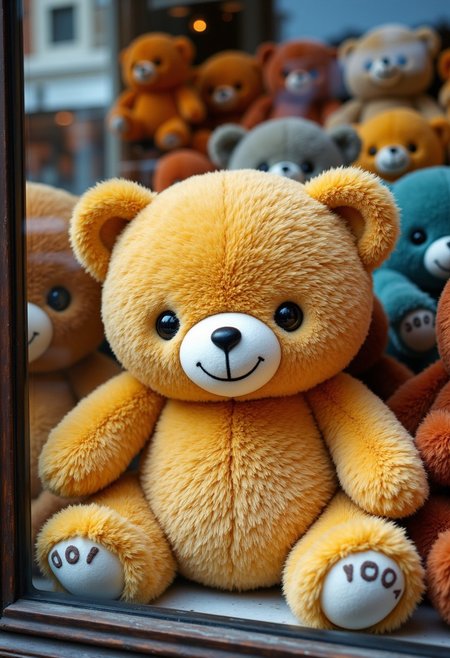 A stuffed bear in a glass case with multiple layers of stuffed bears. Stuffed bears of various colors are stacked on top of each other. Smiling, expressionless or sleeping, all the stuffed bears face this way. A department store show window, the atmosphere of a clay model, the texture of a toy, the thin
 reflection of the city in the glass case in the daytime on a sunny day
. Photorealistic lighting.
Translated with DeepL.com (free version)
aidmafluxpro1.1