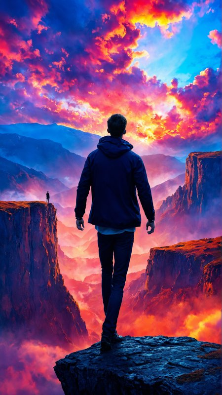 digital painting, high resolution, intricate details, vibrant colors, dynamic lighting, surreal sky, person standing on a cliff, high contrast, smooth shading, atmospheric, artistic, 8k resolution, layered textures, epic scenery,  solo,