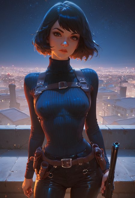 score_9, score_8_up, score_7_up, high detailed, high quality, masterpiece, no text, quality highlights, 8k detail, dynamic view, ultra-detailed, ... 1girl, woman, april o'neil, bob cut black hair, beautiful face, serious face, (black ribbed sweater:1.25), Holster harness, (black pants:1.15), thin waist, (covered nipples:0.5),   (holding a gun:1.2), looking at viewer,  (on roof, night time:1.15),  new-york,night city,  <lora:Breast_Slider_-_Pony_alpha1.0_rank4_noxattn_last:-1.1800000000000002> <lora:Dramatic_Lighting_Slider:2.0000000000000004> <lora:AIã¤ã©ã¹ããããã_(2):1.0000000000000002> <lora:Expressive_H-000001:1.0000000000000002>