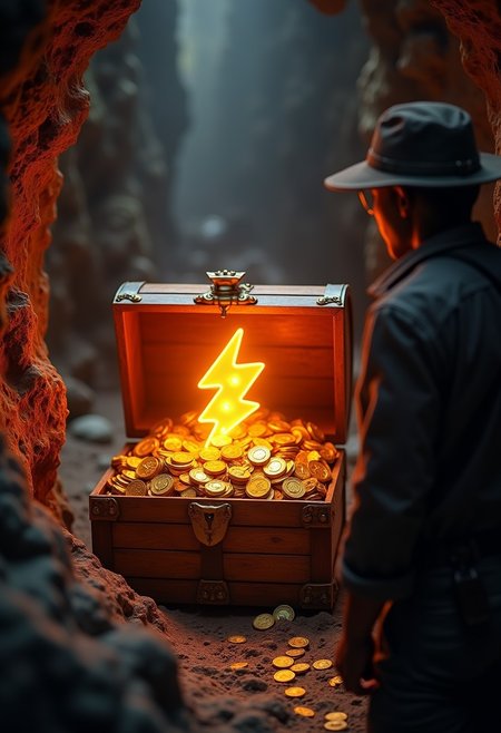 photo of a scene inside of a creepy cave, and old wooden treasure chest open, shows a radiant treasure that emits a dreamy glow, from behind of a treasure hunter and over his shoulder view, in the middle of the chest, among the golden coins, an orange lightning bolt emoji stands out with its radiance.