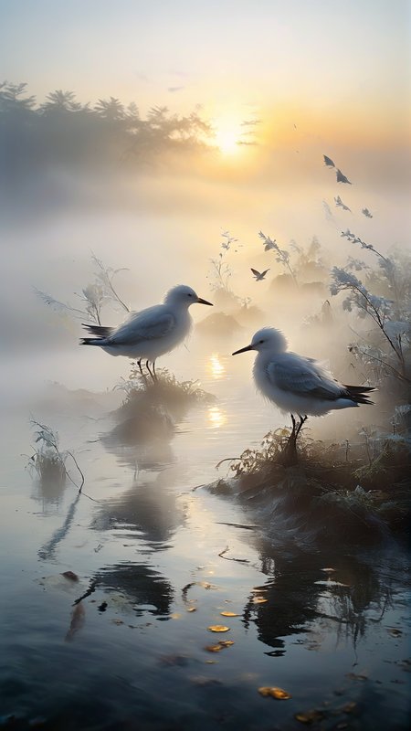 In the early hours of the morning, before the sun is high in the sky, the mist envelops the surface of the water and creates a heavenly atmosphere. The gentle lapping of the waves on the shore is the only sound that breaks the silence. As the first golden rays of sunlight penetrate into the distance, a chorus of birds awakens, their melodies harmonizing with the rhythm of the sea. The morning mist glistens with the promise of a new day, a beautiful sight. The picture is vivid, translucent and intricate with many details, many particulars can be seen,  <lora:fog_creatures_v4:1> <lora:add-detail-xl:0.9> dvr-lnds-sdxl <lora:MJ52:0.5> <lora:zavy-cntrst-sdxl:0.4> <lora:zavy-rmlght-sdxl:0.4>