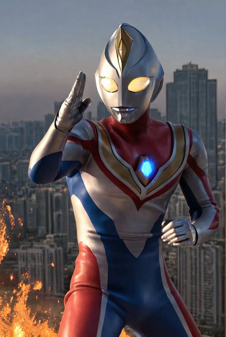 very awe,aesthetically pleasing,masterpiece,best quality,amazing quality,very aesthetic,ultra-detailed,high resolution,8k,1boy,solo,male focus,detailed face,tokusatsu,alien,bodysuit,glowing eyes,yellow eyes,multicolored bodysuit,dyn4 flash,fighting stance, fire,cityscape,<lora:Ultraman Dyna:0.8>,